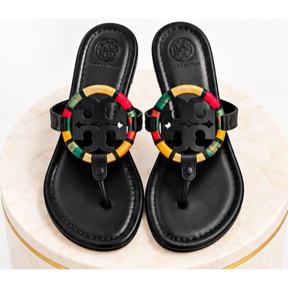 Tory Burch Miller Embroidered Sandals 10.5 Black Multicolor Thong 44229 NWOT